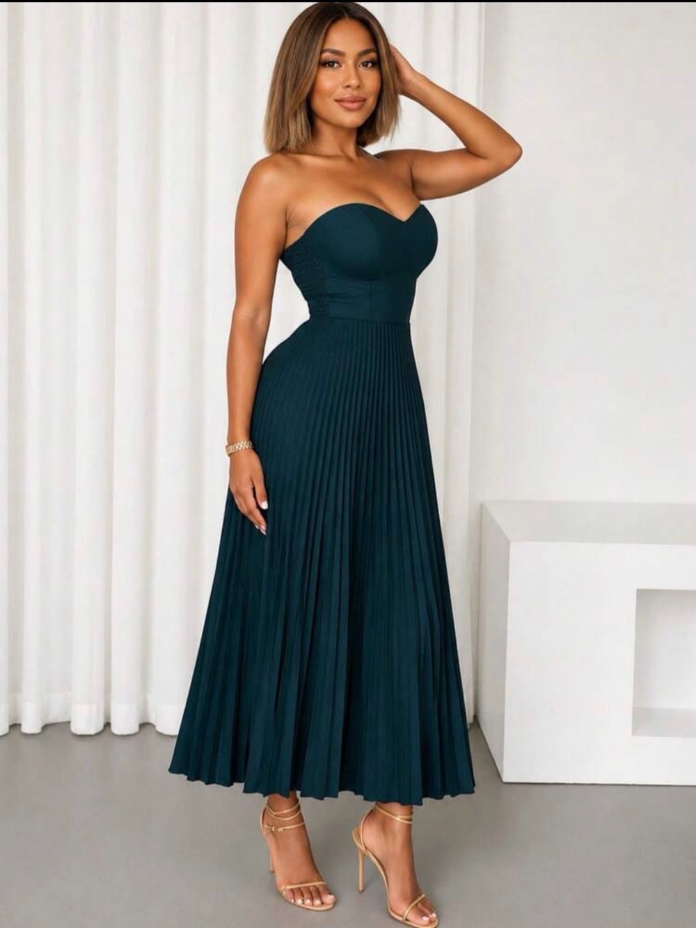 SHEIN Navy Blue Strapless Pleated Midi Dress